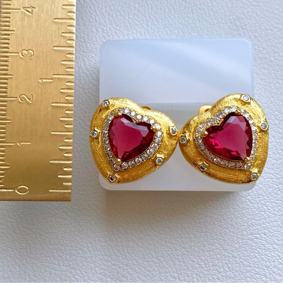 Gold Heart Earrings with Red Gemstones - Picture 2 of 3